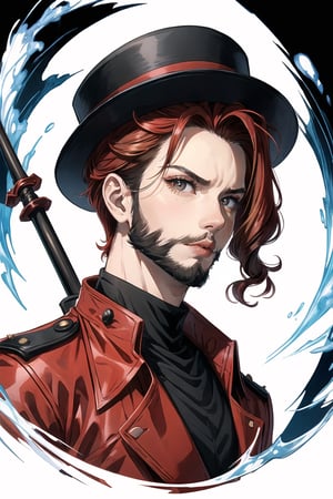 A portrait of a handsome man in slick collared red armored trenchcoat , wearing a red fedora, neck-length wavy hair , 25 years old of age , full beard , white background, serious face expression, red eyes , wearing a thin black turtleneck , reddish hair,The Dark Huntsman ,black steel cane ,sword on the back , blend, bright eyes,cloudstick