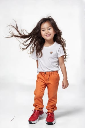 The image depicts a young girl in mid-motion, suggesting movement or playfulness. Her long, wavy hair is flowing as if caught in the wind, and her facial expression conveys excitement or joy. She is dressed casually with a white t-shirt and orange pants, paired with red sneakers. The background is plain and does not provide any context for the setting. The artist's signature is visible at the bottom of the image.