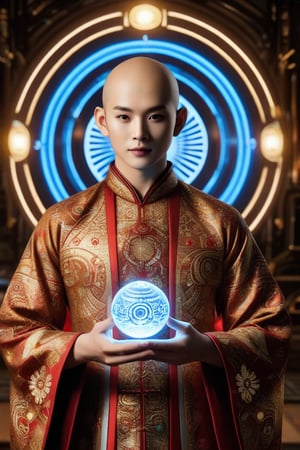 A majestic bald figure with East Asian features wears ornate traditional attire adorned with circular patterns and intricate designs, central forehead marking aglow. Richly decorated robe shines with golden and red motifs, signifying high status or ceremonial significance. Glowing orb in hand emits blue light, focal point amidst futuristic background blending ancient traditions with technological elements, suggesting a harmonious fusion of legacy, power, and enlightenment.,Asian Best Face Ever