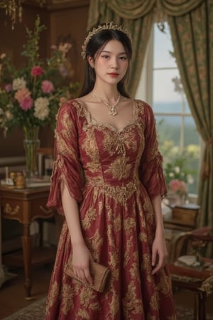 In a majestic three-quarter view, the regal noblewoman stands out against a rich, dark background, her pale skin illuminated by soft, directional light that accentuates the luxurious textures of her crimson velvet gown with intricate gold embroidery. Her slender fingers delicately hold a small, leather-bound book as she wears an elaborate headdress studded with pearls. A green damask curtain partially drawn behind her reveals a Flemish-inspired vista of rolling hills and winding river in the distance. Framed by the ornate architecture, the noblewoman exudes quiet dignity, her expression subtle yet regal.