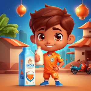 Chibi Mascot with head of a boy, wearing football kit of India, holding a milk product,Split lighting,3d style