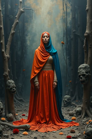 A still life scene unfolds: a lone figure, clothed in vibrant hues, stands amidst a monochromatic backdrop of stark black and whites. The subject's warm tones - rich earthy browns, deep blues, and fiery reds - starkly contrast against the desaturated environment. A study in juxtaposition, this surreal image invites contemplation on the harmony between chaos and serenity.