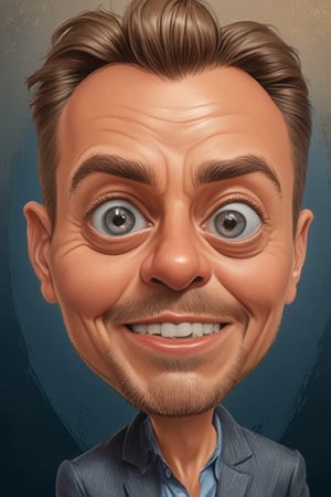 Caricature portrait Of a man, looks funny, big head. The background is blurred, creating a soft glow to the scene.,luxury style,Perfect fashion,Portrait 