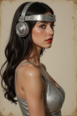 (by Loish, Leyendecker, james gilleard), sideview, perfect anatomy, 1920s pinup girl, cute face, long hair, retro space theme, silver, rivets, blaster pistols, more detail XL,biological