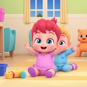 best quality, masterpiece, 1girl kid is sister and 1baby boy is younger brother. They are playing toys together. full hd, happy, netflix cartoon, ,Bebefinn Style