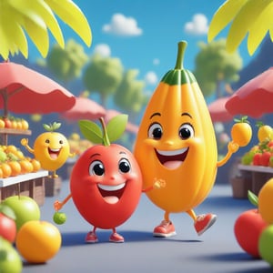 A vibrant cartoon scene in the Fruit World, showcasing a bustling market with anthropomorphic fruits in lively action. The framing captures a wide shot of the colorful marketplace, with bright, cheerful lighting highlighting the animated fruits. The composition includes a variety of fruits engaged in different activities: apples haggling at a stand, bananas performing acrobatics, and oranges playing musical instruments. The background features a whimsical fruit-themed landscape, with a clear blue sky and lush green trees.