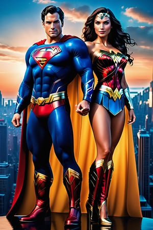 Superman, lovingly holding hands with Wonder Woman, both looking at the camera, full length shot, on top of a skyscraper, New York City background, soft volumetric lighting, beautifully detailed octane 8k rendering, post-processing, portrait, art by Jim Lee, extremely hyper-detailed, intricate and epic composition, cinematic lighting, masterpiece, very, very detailed, masterpiece, stunning Detailed matte painting, deep color, fantastic and intricate details, splash screen, complementary colors , fantasy concept art, trending 8k resolution Artstation Unreal Engine 5, chiaroscuro, bioluminescent., more XL details, real photo