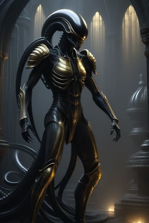 A creative depiction of a xenomorph (gray and gold skin) set in a dark gothic setting, reminiscent of the styles of Hans Rudolf Giger and Zdzislaw Beksinski, and inspired by Artstation. This sci-fi scene features intricate detail, epic realism, and a photorealistic quality achieved through octane rendering. The studio work features HDR, sharp focus and high image detail, capturing the essence of the dark art of Hans Rudolf Giger and Zdzislaw Beksinski in an 8K-rendered masterpiece.