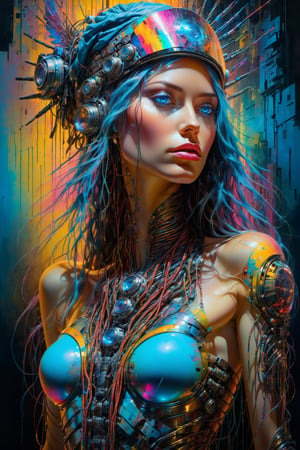 masterpiece, full body, stunning beauty, perfect face, light blue eyes, epic love, slave to the machine, hyper realistic full body oil painting, vibrant colors, body beauty, wires, native american war cap, biopunk, cyborg Peter Gric, Hans Ruedi Giger, Marco Mazzoni, dystopian, golden light, neon light background, perfect composition, multiple colors dripping paint,