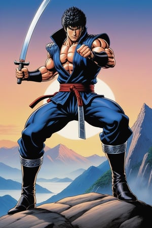 A figure resembling Kenshiro, a ninja warrior dressed in armor and a hood, strikes a heroic kicking pose while holding a ninja saber. muscles, he stands before a mountainous background, with his left arm and his back down, as if captured in a moment from a poster illustration by René Auberjonois, without repeated characters.