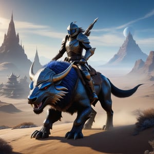 fantastic, a cold-blooded alien warrior in leather and fur armor on a distant planet, rides on a buffalo lizard-like mount, the mount has dark, hairy fur and fangs, Background of an alien village in a wasteland, intricate details , by Greg Rutkowski, detailed, intricate, masterpiece, depth of field, unreal engine, perfect composition, digital art on pixiv, art station, 8k, hdr