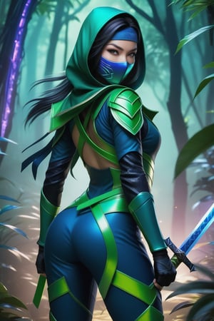 A female ninja depicted in a blue and green suit, wielding a sword, is depicted in full body with iridescent details and neon edges. Her face is hidden with a hood, against a night jungle background. She is dressed in a Ninja suit or tunic and a bow, bushes, realistic images, personified in the style of Mortal Kombat and presented in cinematic quality and 16K resolution.