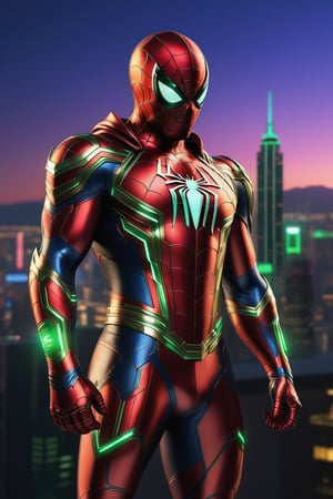 Envision a hyper-realistic, full-length portrayal of a man garbed as Spiderman. This cybernetic, shimmering figure is captured in a multichromatic palette, illuminated by bright neon rays with a black and green outline. The official art style, indigo renderer, panther-like exoskeleton, and jade viridescent hues are striking. A medium shot accentuates his transparent, cybernetic armor. His muscular build, akin to a paladin, stands out against a photorealistic, intricately detailed cityscape, with buildings that enhance the suit's armor, all aglow with the radiance of remarkable prisms and neon lights.