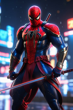 Spiderman with Ninja Samurai style 1-10, saber, neon colors, full body, rain, lightning, facing camera, hero pose, looking at viewer, 3D rendering, muscles, detailed thick edges, perfect body, detailed with armor and cybernetics neon blue, red, night city background, intricately detailed, hdr, 8k, subsurface scattering, specular lighting, high resolution, octane rendering, neon ray tracing,