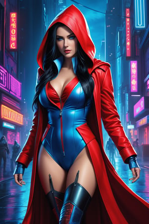 Fantasy-themed comic book cover that features a full-length woman dressed in a red and blue hooded suit, exuding a rebel aura, with piercing blue eyes, long black hair, and downcast gaze, embodying the essence of beauty and bravery, suggesting a narrative of defense and mysticism, suitable for an advertisement image or Flash-like dating app icon, cyber punk, wallpaper, 8k, 800mm lens, cinematic, neon colors, city streets, subtly hinted at witchcraft elements, digital painting, dramatic lighting, ultra detailed