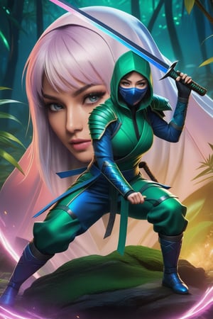 A female ninja depicted in a blue and green suit, wielding a sword, is depicted in full body with iridescent details and neon edges. Her face is hidden with a hood, against a night jungle background. She is dressed in a Ninja suit or tunic and a bow, bushes, realistic images, personified in the style of Mortal Kombat and presented in cinematic quality and 16K resolution.