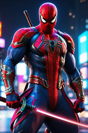 Spiderman with Samurai style 1-10, saber, neon colors, full body, facing camera, hero pose, looking at viewer, 3D rendering, muscles, detailed thick edges, perfect body, detailed with armor and neon cybernetics Blue, red , night city background, intricately detailed, hdr, 8k, subsurface scattering, specular lighting, high resolution, octane rendering, neon ray tracing,
