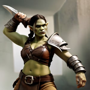 Prompt: A female orc with braided hair holding one arm in the air, with a victorious expression on its face.

Style: Realistic, with a focus on detail and lighting.

Medium: Digital painting.

Colors: Warm and earthy tones, with a focus on the orc's skin and hair.

Details: The orc should be wearing traditional orcish armor, such as a leather chestplate and a metal helmet with horns. It should also be holding a large axe in its other hand.

Composition: The orc should be in the center of the frame, with its arm raised high in the air. The background should be blurred, with a focus on the orc and its expression.