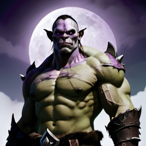 Seven foot tall male orc with purple eyes.  One arm held high with a closed fist.  Wearing half plate armor.  The sky is dark with a full moon.  Foot resting on the head of a human.