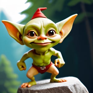 A  with a mischievous grin and a twinkle in its eye. It is perched on a rock, its long, spindly legs dangling over the edge. Its sharp teeth are bared in a playful smile, and its ears are perked up for any sign of trouble.

Style: Cartoonish and whimsical, with a focus on the goblin's mischievous expression.

Medium: Digital painting.

Colors: Bright and vibrant tones, with a focus on the goblin's green skin and red hair.

Details: The goblin should be wearing a simple outfit, such as a loincloth and a hat. It should also be carrying a variety of mischievous items, such as a slingshot, a bag of rocks, and a few shiny trinkets.

Composition: The goblin should be in the center of the frame, with its full body visible. The background should be a lush and colorful forest, with plenty of places for the goblin to hide and play.