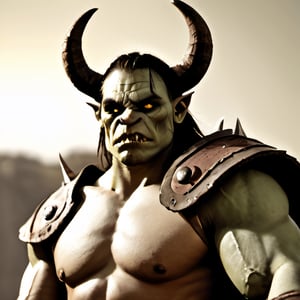 Prompt: An orc holding one arm in the air, with a victorious expression on its face.

Style: Realistic, with a focus on detail and lighting.

Medium: Digital painting.

Colors: Warm and earthy tones, with a focus on the orc's skin and hair.

Details: The orc should be wearing traditional orcish armor, such as a leather chestplate and a metal helmet with horns. It should also be holding a large axe in its other hand.

Composition: The orc should be in the center of the frame, with its arm raised high in the air. The background should be blurred, with a focus on the orc and its expression.