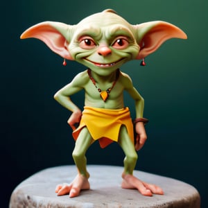 A  with a mischievous grin and a twinkle in its eye. It is perched on a rock, its long, spindly legs dangling over the edge. Its sharp teeth are bared in a playful smile, and its ears are perked up for any sign of trouble.

Style: Cartoonish and whimsical, with a focus on the goblin's mischievous expression.

Medium: Digital painting.

Colors: Bright and vibrant tones, with a focus on the goblin's green skin and red hair.

Details: The goblin should be wearing a simple outfit, such as a loincloth and a hat. It should also be carrying a variety of mischievous items, such as a slingshot, a bag of rocks, and a few shiny trinkets.

Composition: The goblin should be in the center of the frame, with its full body visible. The background should be a lush and colorful forest, with plenty of places for the goblin to hide and play.