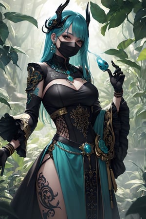 (Fantasy style),  ((extremely detailed illustration)),  highres,  (extremely detailed and beautiful),  ultra detailed painting,  professional illustrasion,  Ultra-precise depiction,  Ultra-detailed depiction,  (beautiful and aesthetic:1.2),  HDR,  (depth of field:1.4),  a  jade flower,  beautiful leaf,  beautiful forest,  cyan and gold details,  light pop colors,  sparkled over then,  many colors,  split-color cyan,  clouds of smoke ,  tattoos, (black mask:1.2)