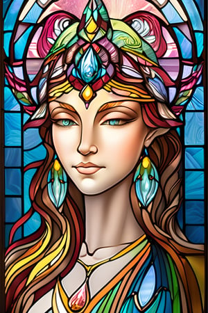 stained glass art of goddess, mosaic-stained glass art, stained-glass illustration, close up, portrait, concept art, (best quality, masterpiece, ultra-detailed, centered, extremely fine and aesthetically beautiful, super fine illustration), centered, epic composition, epic proportions, intricate, fractal art, zentangle, hyper maximalism,JAR,midjourney