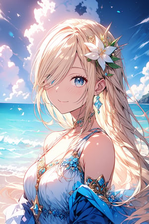 rosalina, flower, cloud, jewelry, 1girl, sky, hair over one eye, day, earrings, hair flower, blue sky, hair ornament, luma \(mario\), breasts, star earrings, star \(symbol\), cloudy sky, blonde hair, white flower, solo, outdoors, smile, long hair, bare shoulders, collarbone, looking at viewer, parted lips, beach, bracelet, dress, swimsuit, ocean, blue eyes, puuna,1 girl