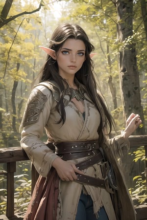 Natural Light, (Best Quality, highly detailed, Masterpiece), (beautiful and detailed eyes), (realistic detailed skin texture), (detailed hair), (Fantasy aesthetic style), (realistic light and shadow), (real and delicate background), ((cowboy shot)), (from high), paladin, 1girl, lotr elf, green colored eyes, black hair with pink highlights, A beautiful young elven paladin, clad in tattered cloth, with a red sash, battered arm and keg armnor, stands confidently in a beautiful forest landscape, realhands