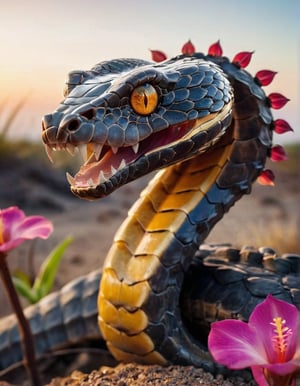 (Best quality), A (photographic shot) of (awe-inspiring snake) with muscular body, amber eyes, bronze brown armored scales, venomous fangs, coiling tail, gemstone-studded scales frills, set in a barren desert wasteland, with cracked earth and the remains of ancient structures, a place of mystery and danger, at dawn, ((made completely of flowers)), (Composite and flower skull), perfect contrast, (ultra detailed), (hdr resolution), a wild environment is shown and with vegetation, with exotic tropical plants that shine in neon tones, rock formations in the distance. (Beautiful natural lighting) at dusk. The camera used is a high resolution DSLR with a 100mm macro lens to capture every detail of the flower petals. The photograph is (taken at a dynamic angle), with a (sharp focus) on its bright colors and the captivating landscape that surrounds it.