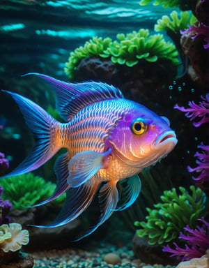 (Best quality) ,A photographic shot of a beautiful Chinese neon fish swimming in a fantasy aquarium. The fish, with vibrant colors ranging from electric blue to bright green, gracefully glides through a magical aquatic environment. The aquarium is decorated with exotic underwater plants that glow in neon hues, crystalline rock formations, and small bubbles slowly rising to the surface. The lighting in the aquarium is soft and ethereal, with purple and turquoise tones enhancing the colors of the fish and its surroundings. The camera used is a high-resolution DSLR with a 100mm macro lens to capture every minute detail of the fish's scales and fins. The shot is taken at the fish's eye level, with a sharp focus on its bright colors and the captivating underwater landscape around it