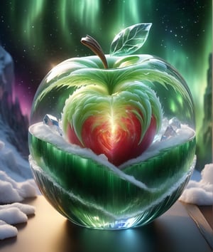 high quality, 8K Ultra HD, aurora scenery inside an apple made of crystal, by yukisakura, high detailed,, best quality, ultra high resolution, detailed, raw photo, (ultra sharp) ,more detail XL,DonM3l3m3nt4lXL