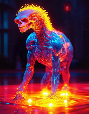 Ultra-realistic, hyper detailed and sharp photographic representation of a majestic body of human creature, in the style of Bioluminescent crystal liquid, vray tracing, raw character, 32k uhd, schlieren photography, conceptual medium body, creating a colorful and contrasting atmosphere, in a lake of a (Antique house), (vivid colors), (perfect contrast)