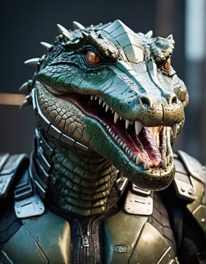 hyper-detailed Photographic close up from (different angles), (ultra dynamic shot) of a futuristic crocodile soldier with an (ultra-realistic appearance), (Enhancer textures), (Enhancer anatomy), intrinsic details of your skin and a fierce expressionin with worn metallic futuristic armor, Distressed and damaged appearance, signs of struggle, (Marvel style), in a dystopian urban setting, (vivid colors), (perfect contrast), (better lightning),cinematic style,more detail XL
