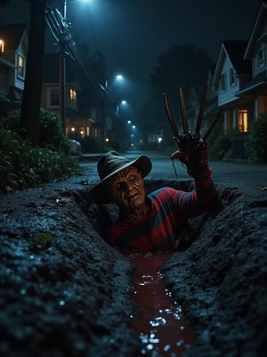 (Top realism), (Best quality), Hyper detailed photography, perfectly focused, maximum sharpness, captures the maximum realism of a sewer on a sinister road, with houses on the sides, (half the body of ("Freddy Krueger" of Elm Street) protrudes from the sewer), intricate details in his terrifying face and his glove of large knives, nightmare atmosphere on a perfectly lit night, cinematic style,  UHD 8k., 80horror