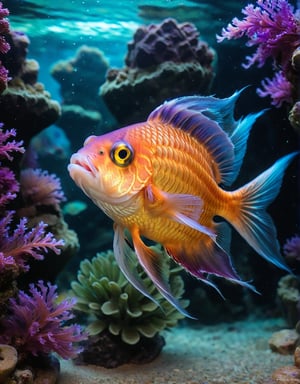 (Best quality) ,A photographic shot of a beautiful (Chinese neon fish) swimming in a fantasy aquarium. The fish, with vibrant colors ranging from electric colors, (perfect contrast), (ultra detailed), (hdr resolution), gracefully glides through a magical aquatic environment. The aquarium is decorated with exotic underwater plants that glow in neon hues, crystalline rock formations, and small bubbles slowly rising to the surface. The lighting in the aquarium is soft and ethereal, with purple and turquoise tones enhancing the colors of the fish and its surroundings. The camera used is a high-resolution DSLR with a 100mm macro lens to capture every minute detail of the fish's scales and fins. The shot is taken at the fish's eye level, with a sharp focus on its bright colors and the captivating underwater landscape around it