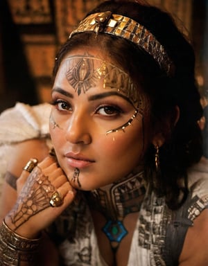 A (striking and highly detailed) portrait (medium shot) from an (original and captivating angle) of a (beautiful Egyptian woman) adorned in (traditional Egyptian attire). The image of her centers on her (intricate tattoo) with (Egyptian motifs) extending gracefully from her (her neck) to her (her face). Hers (soft, golden light) accentuates hers (real features) and hers (elaborate details) (tattoo and clothing), creating a portrait (fascinating and culturally rich).,GlowingTat,Extremely Realistic