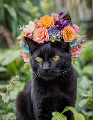 (Best quality), A (photographic shot) (Close up) of a majestic black cat ((made completely of flowers)), (Composite and flower skull), perfect contrast, (ultra detailed), (hdr resolution), a wild environment is shown and with vegetation, with exotic tropical plants that shine in neon tones, rock formations in the distance. (Beautiful natural lighting) at dusk. The camera used is a high resolution DSLR with a 100mm macro lens to capture every detail of the flower petals. The photograph is (taken at a dynamic angle), with a (sharp focus) on its bright colors and the captivating landscape that surrounds it.