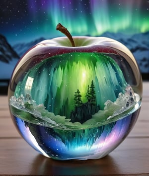 high quality, 8K Ultra HD, aurora scenery inside an apple made of crystal, by yukisakura, high detailed,, best quality, ultra high resolution, detailed, raw photo, (ultra sharp) ,more detail XL,DonM3l3m3nt4lXL,arrstyle