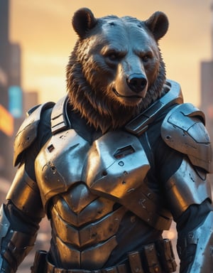 hyper-detailed (dynamic Photographic ultra close up) from (different angles) of a futuristic bear soldier with an (ultra-realistic appearance), (Enhancer textures), (Enhancer anatomy), intrinsic details of the skin and a fierce expressionin with worn metallic futuristic armor, Distressed and damaged appearance, signs of struggle, (Marvel style), in a dystopian urban setting, at sunset, (vivid colors), (perfect contrast), (better lightning),cinematic style,more detail XL,LegendDarkFantasy