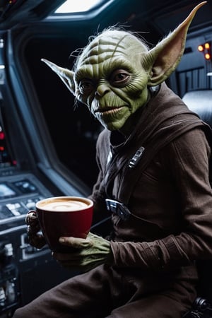 (Sci-fi style), photo full body of a Incredibly terrifying and sinister goblin with creepy appearance, drinking a coffee, mans a ship in space, (Star Wars character), Ultra Detailed skinz, perfect ship environment, (spooky aftmospher), (Photorealistic), sinister colors, halloween