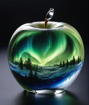 high quality, 8K Ultra HD, aurora scenery inside an apple made of crystal, by yukisakura, high detailed,, best quality, ultra high resolution, detailed, raw photo, (ultra sharp) ,more detail XL,DonM3l3m3nt4lXL,arrstyle,3l3ctronics