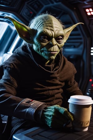 (Sci-fi style), photo full body of a Incredibly terrifying and sinister goblin with creepy appearance, drinking a coffee, mans a ship in space, (Star Wars character), Ultra Detailed skinz, perfect ship environment, (spooky aftmospher), (Photorealistic), sinister colors, halloween