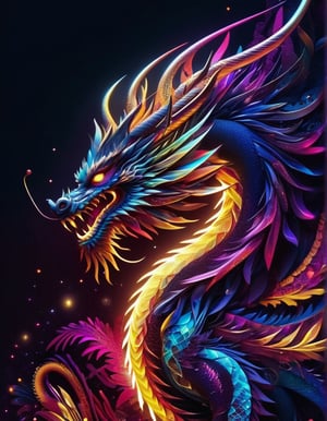 (Best quality), a majestic chinese dragon made of fractal forms, ((Astract style)), neons lights, (shiny lines), striking lighting, hyper details textures, hyper detailed skin, perfect contrast, 8k res.