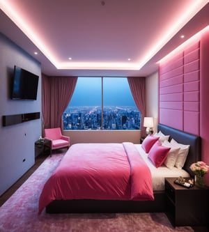 fantastic dynamic professional photograph, (highly detailed), (magestic and big room), padded and distinguished, hyper realistic, TV, mirror, (best quality), ultra high resolution, (ultra sharp), (underground style), high illumination, Armonic pink blue tones, more detail XL,lovehotel,more detail XL,jyutaku,Modern bedroom, japan