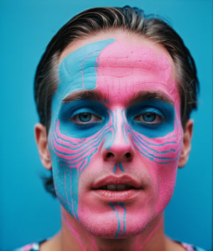 Photograph of a weird man, (shot on Kodak Ektar 100), in the ((style of dot glitch)), anti-realism, (neon pink + blue), style raw, stylized, nijidefinition detailed realism, detailed, skin texture, hyper detailed, realistic skin texture, facial features, armature, best quality, ultra high resolution, detailed, raw photo, ultra sharp 