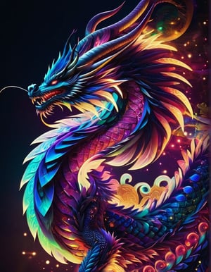 (Best quality), a majestic chinese dragon made of fractal forms, ((Astract style)), neons lights, (shiny lines), striking lighting, hyper details textures, hyper detailed skin, perfect contrast, 8k res.