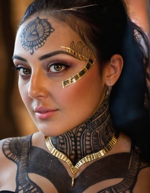 A (striking and highly detailed) portrait (medium shot) from an (original and captivating angle) of a (beautiful Egyptian woman) adorned in (traditional Egyptian attire). The image of her centers on her (intricate tattoo) with (Egyptian motifs) extending gracefully from her (her neck) to her (her face). Hers (soft, golden light) accentuates hers (real features) and hers (elaborate details) (tattoo and clothing), creating a portrait (fascinating and culturally rich).,GlowingTat,Extremely Realistic