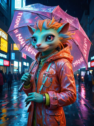 (masterpiece, artistic), (Hyper realism, ultra detailed), (top quality), a dynamic angle captures a fantastic and beautiful creature under a beautiful rain on an illuminated night. The creature has velvety and soft colorful hair, wearing a fluorescent suit with hyper-detailed colored accessories, holding an umbrella with the (text ("Thanks for 10K") lighting up). The scene is rendered in maximum sharpness, HDR, and UHD 8k, showcasing the intricate details and vibrant colors of the creature, suit, and illuminated umbrella.
